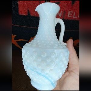 Vintage Kanawha White And Blue Swirl Milk Glass Hobnail Cruet With Stopper